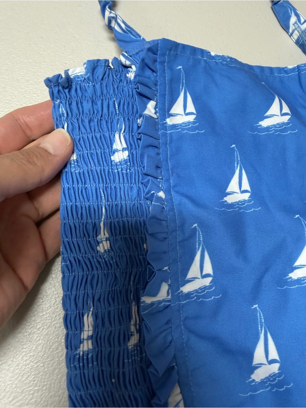 Rachel Riley 7Y Blue Sailboat Ruffle Bubble Swimsuit - Picture 2 of 7
